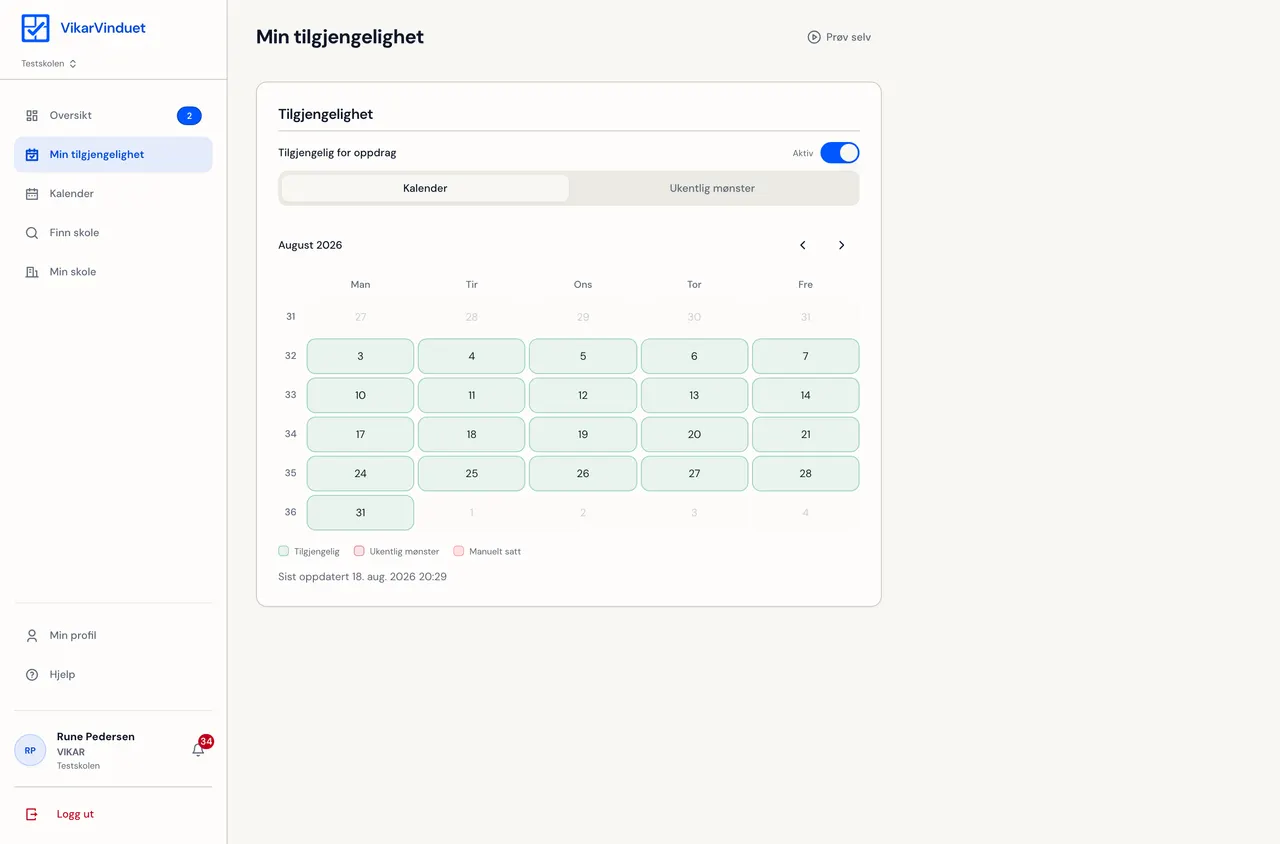 Tilgjengelighetskalender for vikar med aktive arbeidsdager markert.
