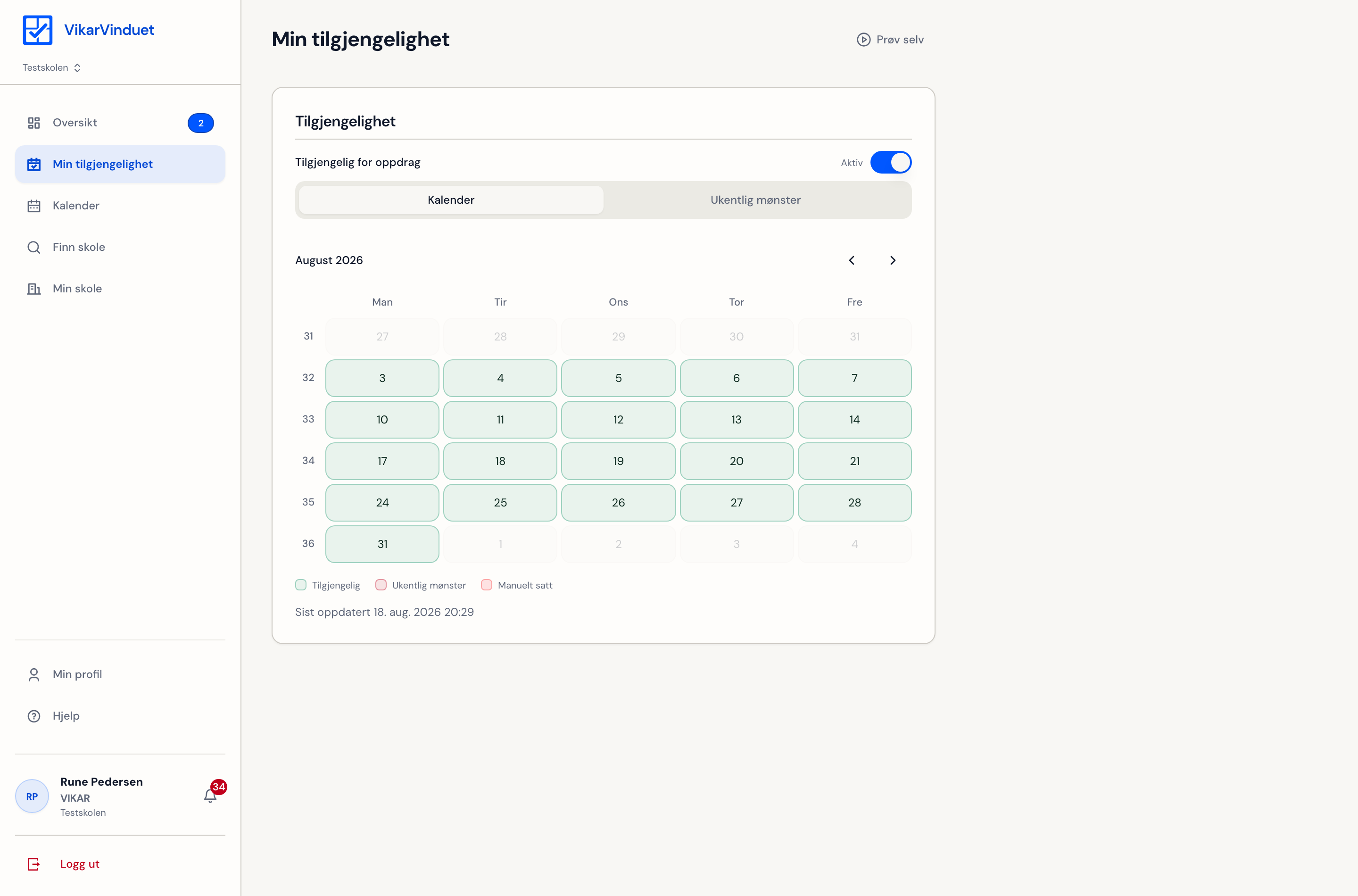 Tilgjengelighetskalender for vikar med aktive arbeidsdager markert.